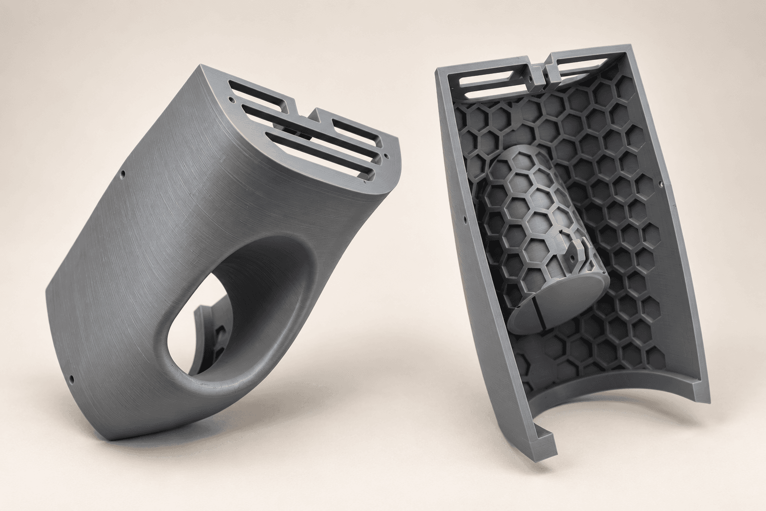 Grey 3D printed propeller housing for an underwater submarine drone