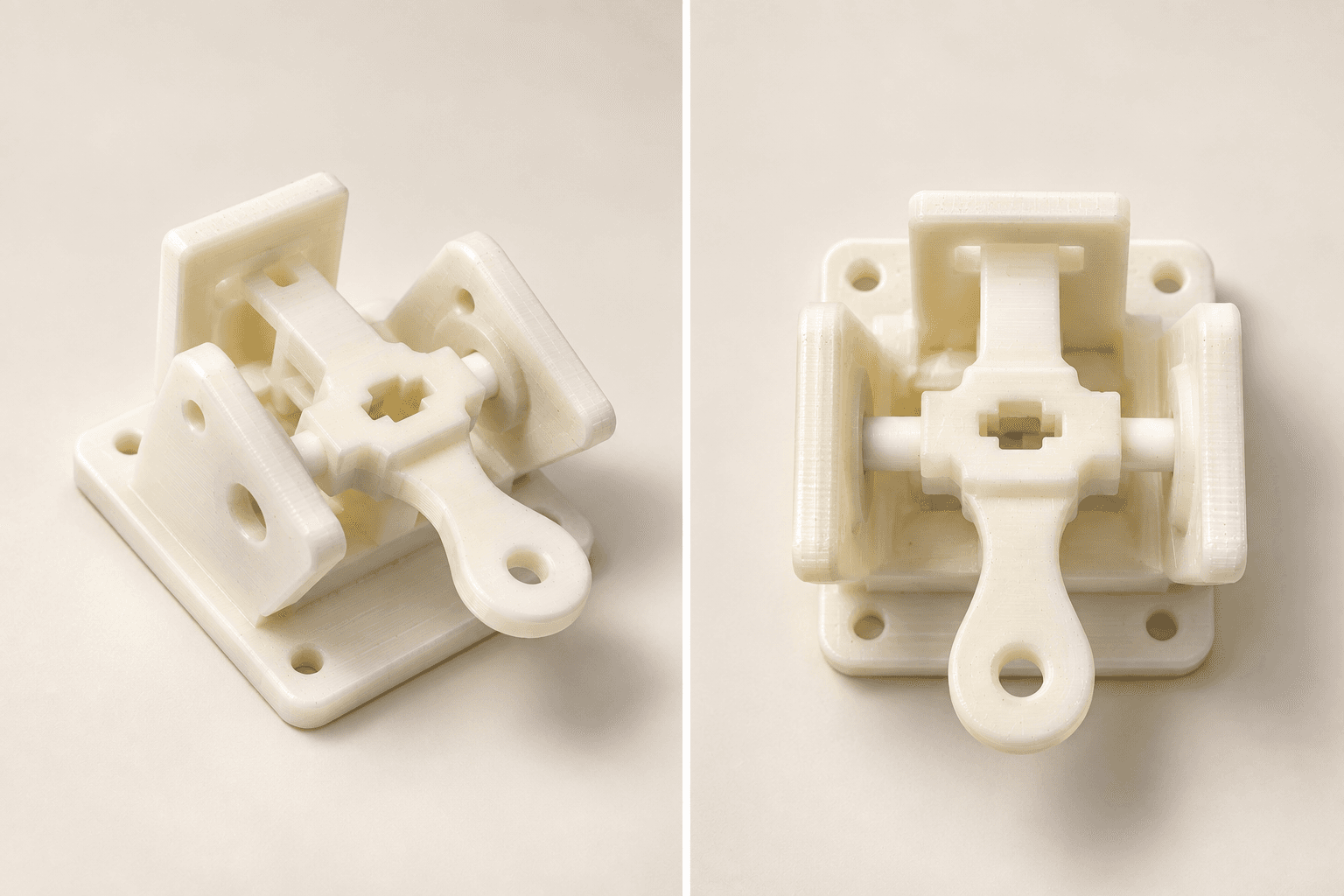 White PLA 3D printed gimbal head for mounting and positioning a camera and nozzle